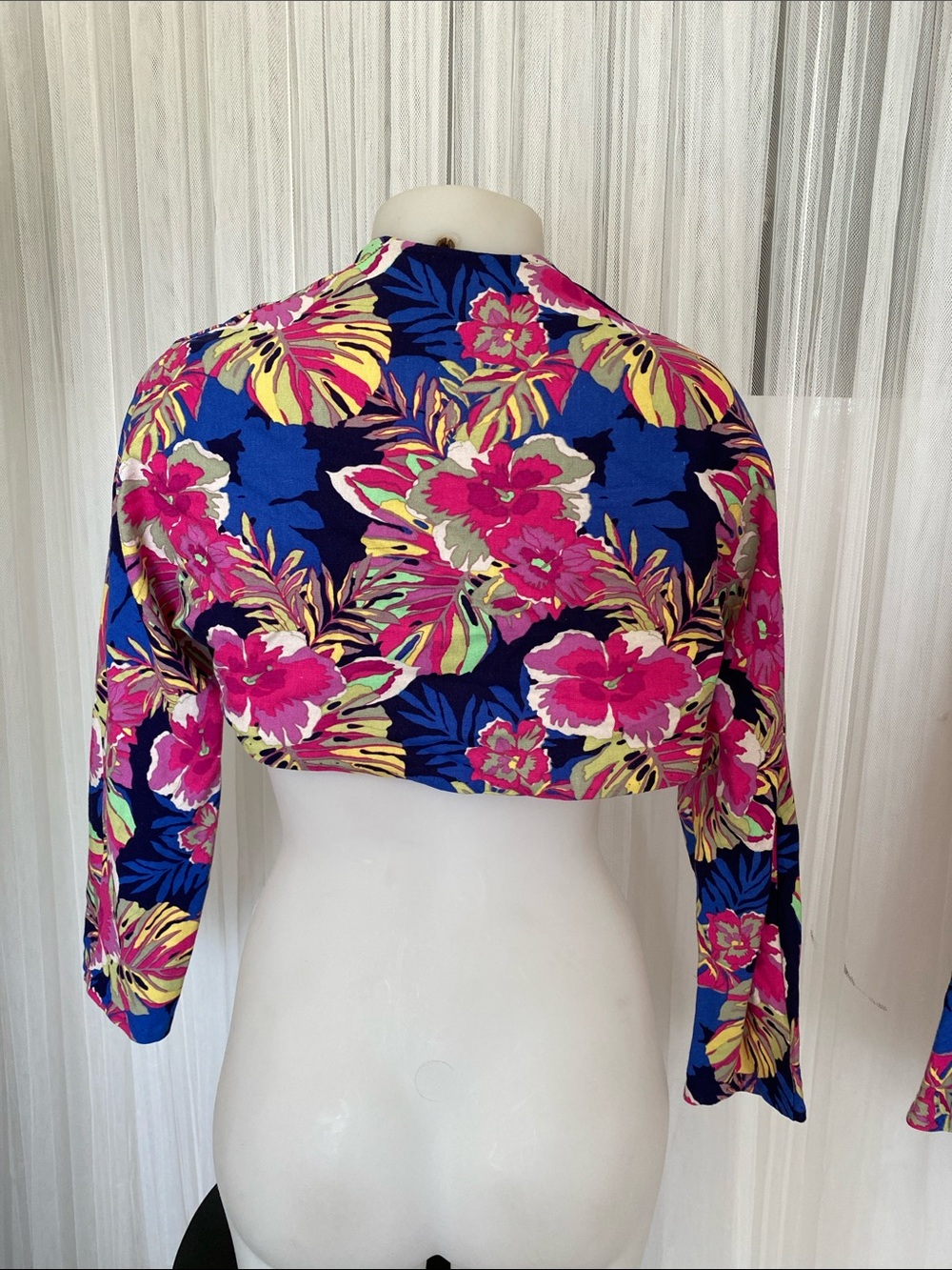 Handmade Tropical Floral A-Line Cotton Dress with Matching Bolero - Blue & Pink - Picture 7 of 8